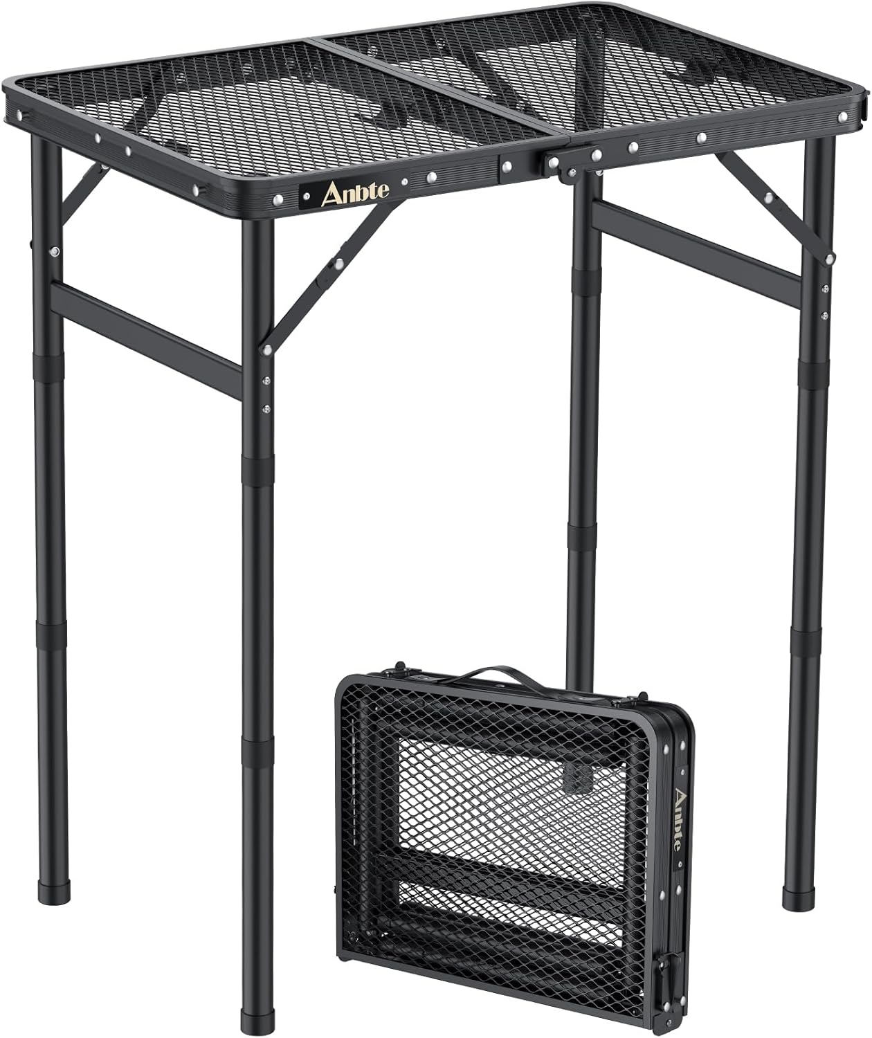 Folding Grill Table, Aluminum Camping Table Adjustable Height Max 27.5" Picnic Table Outdoor Table, Lightweight, Portable Handle for Travel Cooking BBQ Picnic, 22.8" x 16", Black