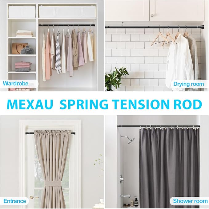 MEXAU 4 Pack Black Tension Rod 28 To 48 Inch Adjustable Spring Tension Curtain Rods No Drilling Short Curtain Rod Extendable Small Spring Tension Rod for Closet Cupboard Bars Refrigerator