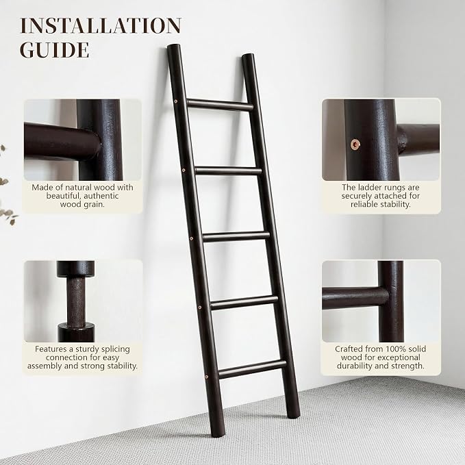 Wooden Blanket Ladder - 57in Natural Wood Color- Leaning Wall Decor for Bedroom, Bathroom, Living Room - Rustic Quilt Holder & Towel Rack (Dark Walnut 57in | Knock Down)
