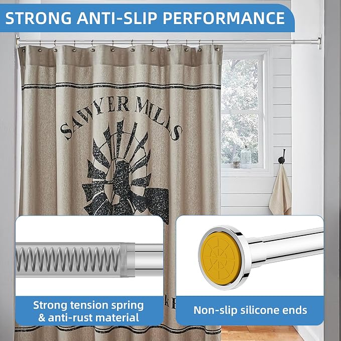 CorkLatta Chrome Shower Curtain Rod,1 Inch Diameter Stainless Steel Adjustable Spring Tension Rods 32 to 68",with Holders,Anti-Slip,Curtain Rods No Drilling(1 Pack)