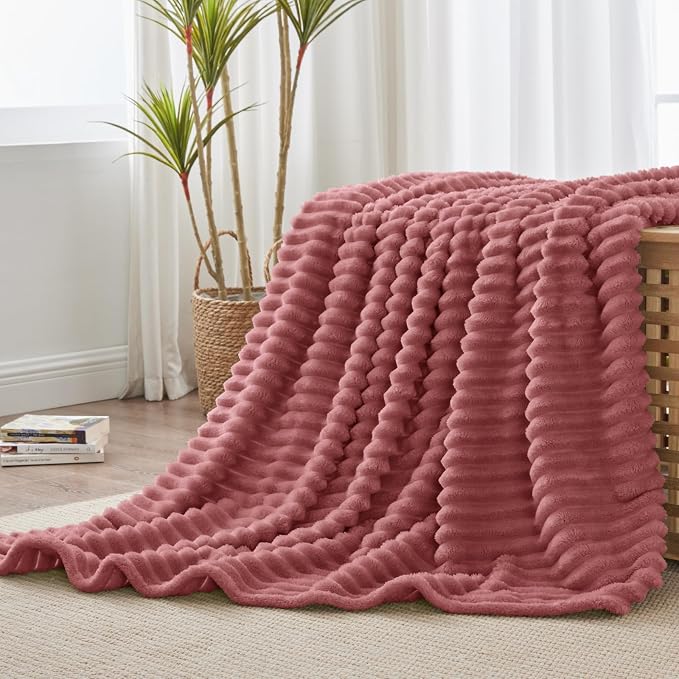 BEDELITE Twin Blanket for Couch & Bed, 300GSM Soft & Warm Fleece Blanket, Decorative and Giftable Striped Brick Dust Blankets for Women, Men, 60"x80"
