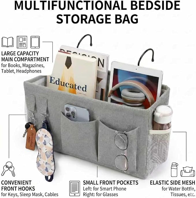 2pc Bedside Caddy Organizer with Hooks, No-Sagging Canvas Hanging Bed Pocket with Water Bottle Holder, Bedside Storage for Dorm Room Essentials, Bunk Bed Accessories, Hospital Bed Rails & Crib (white)