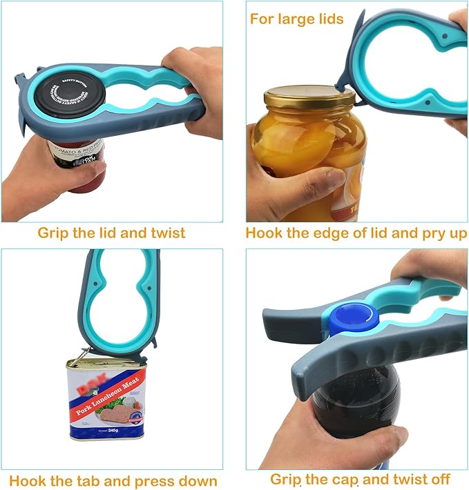 Otstar Jar Openers for Weak Hands, 5 in 1 Bottle Opener for Seniors with Arthritis - Multifunctional Lid Remover Set, Includes Non-slip Rubber Jar Gripper Pad, Wine Opener (Blue and Grey)