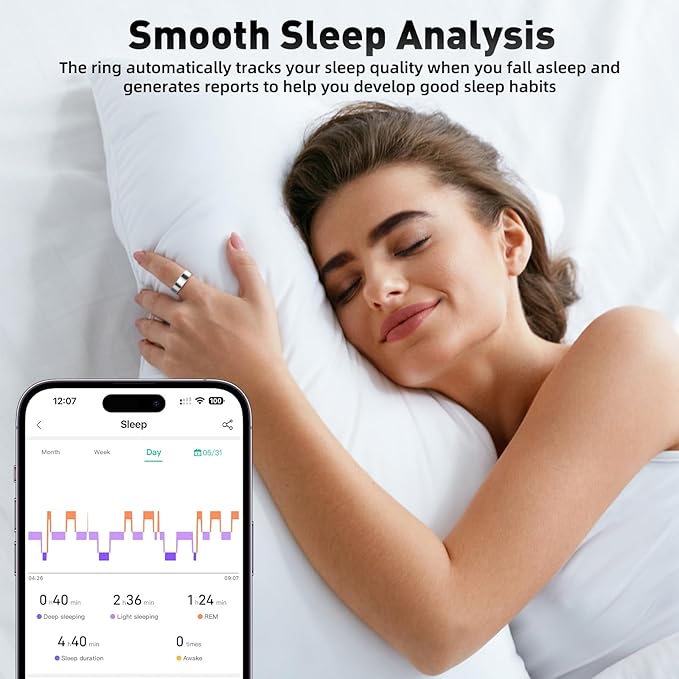 Smart Ring with Sleep Monitoring, Step Counting, Heart Rate, Blood Oxygen for iOS and Android, No Subscription Fee, IP68 Waterproof Health Tracker (Silver, 8)