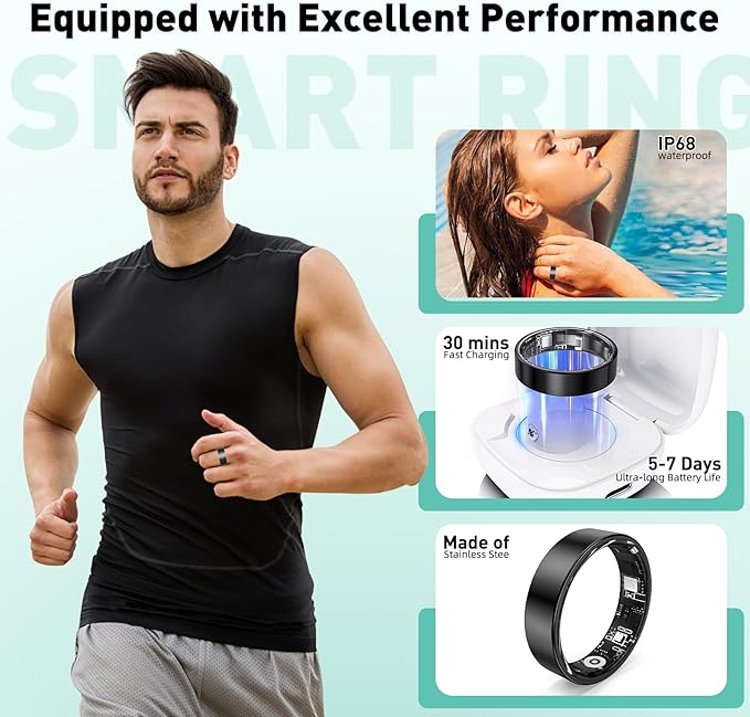 Smart Ring with Sleep Monitoring, Step Counting, Heart Rate, Blood Oxygen for iOS and Android, No Subscription Fee, IP68 Waterproof Health Tracker (Black, 7)