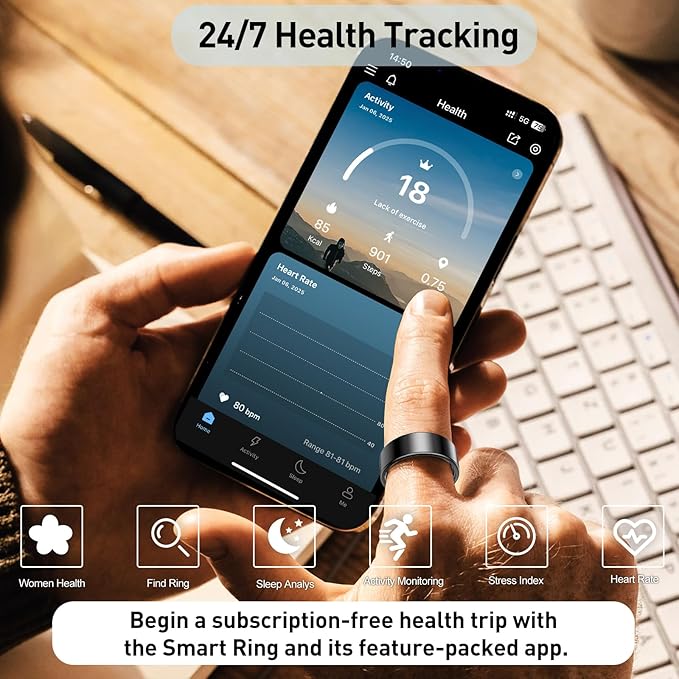 Smart Health Ring for Women Men Fitness Tracker with Heart Rate, Blood Oxygen,Sleep Monitoring, Step Counting, IP68 Waterproof for iPhone and Android, No Subscription Fee (Silver, 8)
