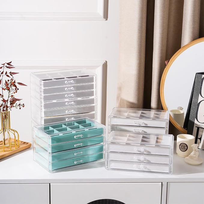 Lolalet Earring Holder Organizer Box Jewelry Storage with 4 Drawers, Clear Acrylic Stackable Earring Case with Adjustable Velvet Trays for Women on Dresser Vanity -Aqua, 4 Layers