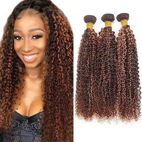 Giginger Jerry Curly Human Hair Bundles 22 24 26 Inch Brazilian Chocolate Brown Highlight P4/30 Jerry Curly Bundles Human Hair 100% Unprocessed Raw Quick Weave Hair for Black Women