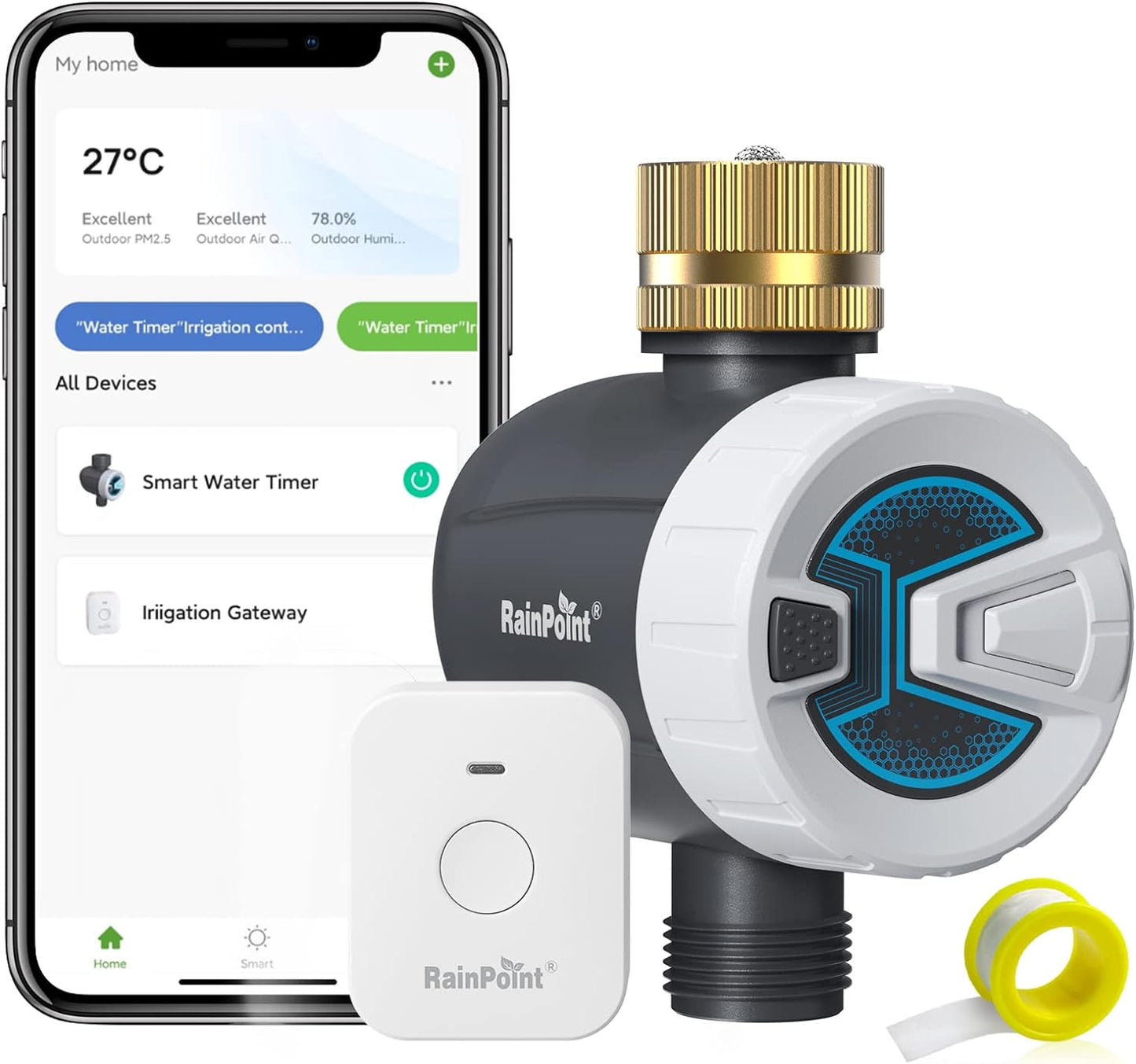 RAINPOINT WiFi Water Timer, Brass Inlet Smart Hose Faucet Timer, Automatic Irrigation System Controller for Yard Watering, APP Control via 2.4Ghz WiFi and Bluetooth (V2, 2025 Release)