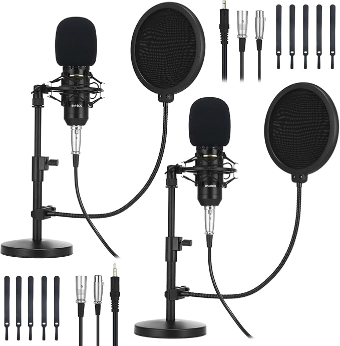 Sherr 2 Pack XLR Condenser Microphone Professional Studio Cardioid Microphone Kit Include Cardioid Mics Shock Stand Windproof Cotton Blowout Net Metal Stand Male Female Cable for Podcasting Record