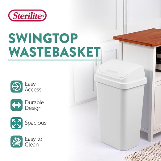 Sterilite 12-Pack Swing Top Wastebasket, Sleek Square Profile Trash Can, 13 Gallon, White - Modern Garbage Bin for Kitchen, Bathroom, Garage and Workspace, Fits 13 Gal Liners