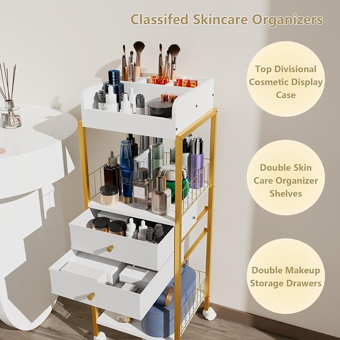 Makeup Organizer Cart Shelf Floor Skincare Organizers Make Up and Station Storage Cabinet For Vanity Standing Cosmetics With Drawers and Wheels For Nail Polish Perfume Hair Tool Holder Beauty(Gold)