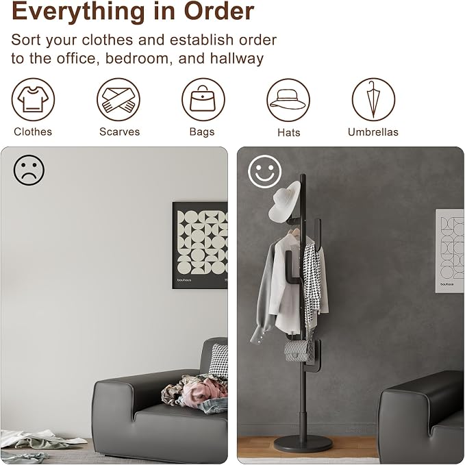Muwuele Solid Wood Cactus Coat Rack, Freestanding Coat Rack With 6 L-Shaped Hooks and 3 Adjustable Sizes, Coat Tree for Bedroom, Entryway, Livingroom, Coat Hanger Stand for Coats, Handbags (Black)