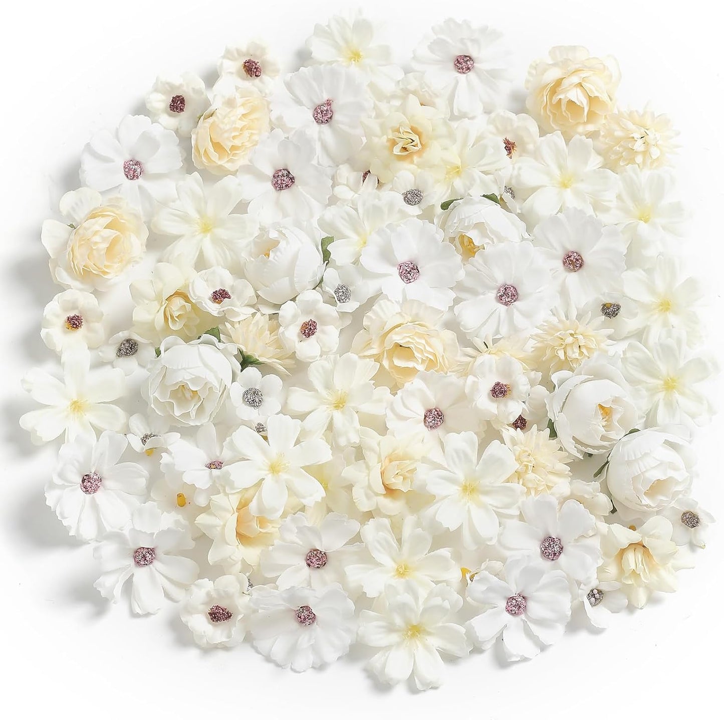 Faux Flower Heads Small Silk Artificial Flower DIY Fake Mini Flowers Rose Daisy Multicolor Flowers Craft Supplies for Wedding Party Wreath Graduation Season Party Home Decor (125, White)