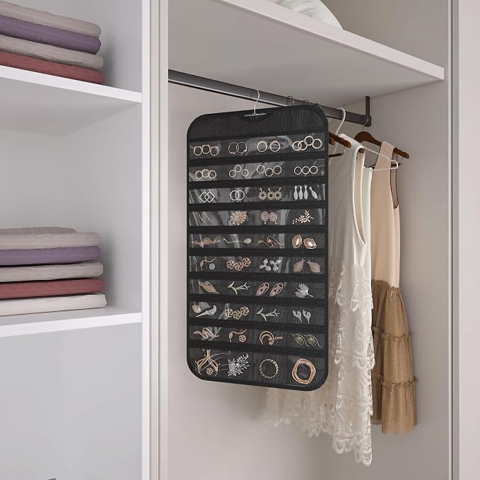 1 Pack Hanging Jewelry Organizer 80-Pocket Dual-sided Jewelry Storage for Earring Necklace Bracelet Ring Travel Holder, Black