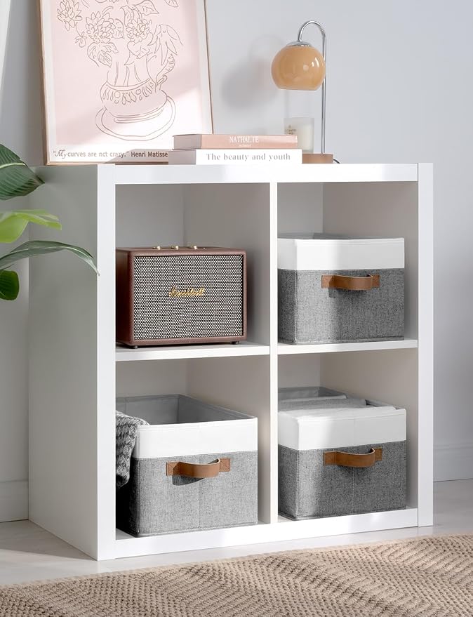 StorageWorks Fabric Shelf Baskets, Closet Organizers and Storage Basket, Foldable Storage Bins for Shelves, Clothes Storage Bins, Gray and White, 3-Pack, Large