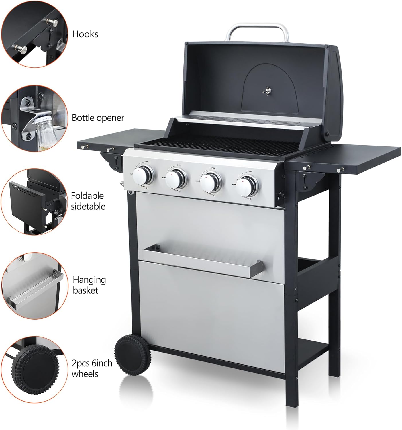4-Burner Propane Gas BBQ Grill, 34,200 BTU Output, Wire Enamel Cooking Grates, Foldable Side Table and Hanging Basket, Stainless Steel Grill for Outdoor Cooking