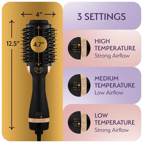 Professional Blowout Hair Dryer Brush, Black Gold Dryer and Volumizer, Hot Air Brush for Women, 75MM Oval Shape (Black Gold)