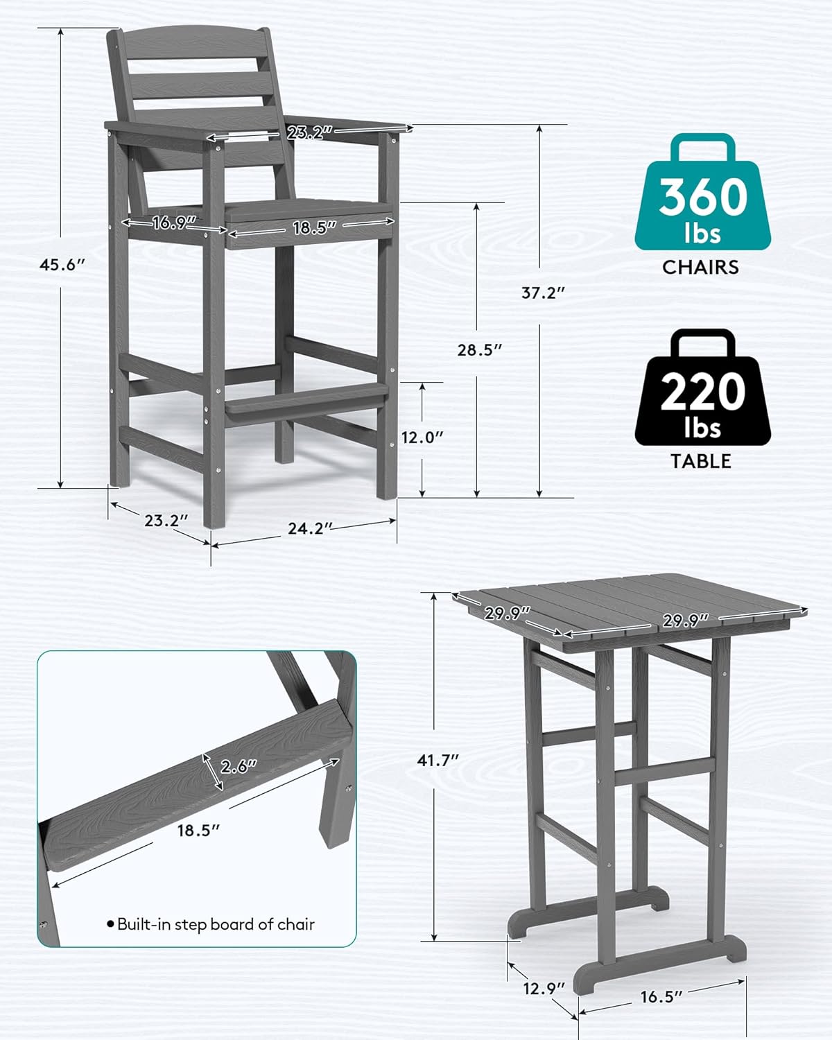 SERWALL 4 Pieces Outdoor Patio Bar Set with 9ft Umbrella, Outdoor HDPE Barstool and Table Furniture Set with Patio Umbrella, Gray