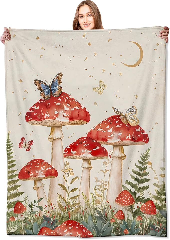 Red Mushroom Blanket Enchanting Forest Throw Blankets with Butterfly,Birthday Gifts for Girls Women & Nature Lovers,Lightweight Soft Fleece,for Sofa Couch Bed Room Fairy Tale Decor 50x60in