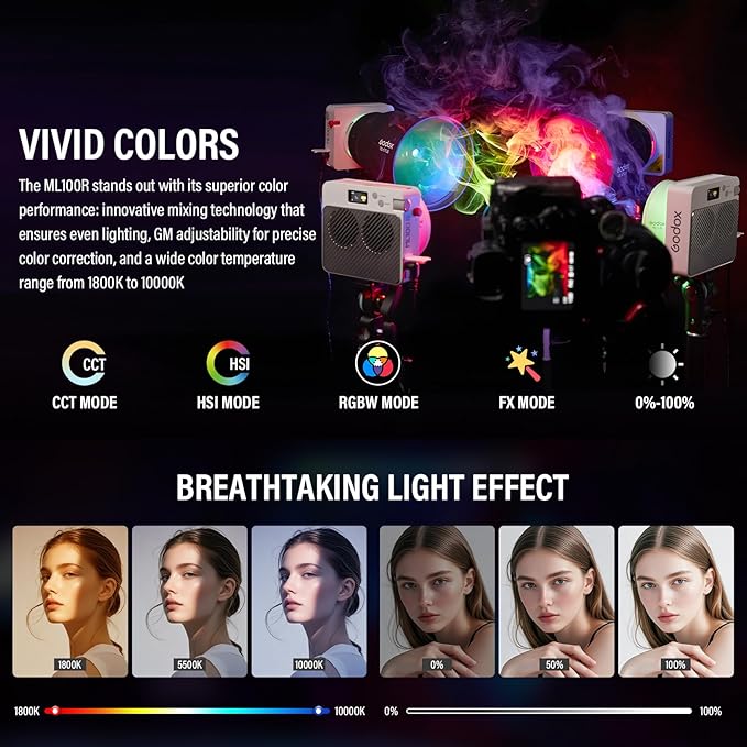 Godox ML100R RGB COB LED Video Light Portable with Carry Bag 110W Full-Color 1800K-10000K CRI 97+/TLCI 98+ 14 FX Effects Support APP Control for Studio/Live Streaming/Outdoor