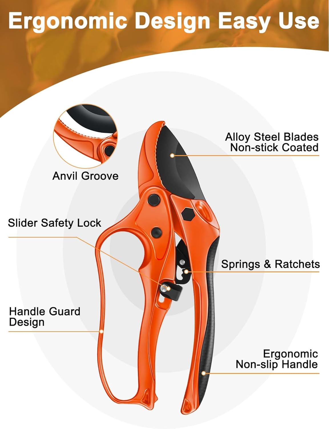 Ratchet Anvil Pruning Shears for Gardening Heavy Duty, Labor-Saving Design Garden Clippers for Arthritis Weak Hands, 3/4" Cut Capacity Branch Cutter for Tree Trimming, Flower, Rose, Plant