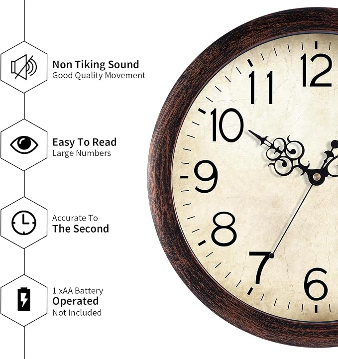 KECYET Wall Clock 14 Inch Vintage Wall Clocks Battery Operated Quartz Silent Non-Ticking Large Retro Rustic Style Decorative for Living Room, Home Office, Bedroom, Dining Room (Bronze)