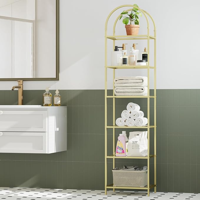 Homhedy Bookshelf Arched Display Racks,Metal Bookcase,Tempered Glass Shelves,Storage Rack Shelf for Home Office,Living Room,Bedroom, Bathroom,Modern Style (Golden, 11.8" D x 13.8" W x 68.1" H)