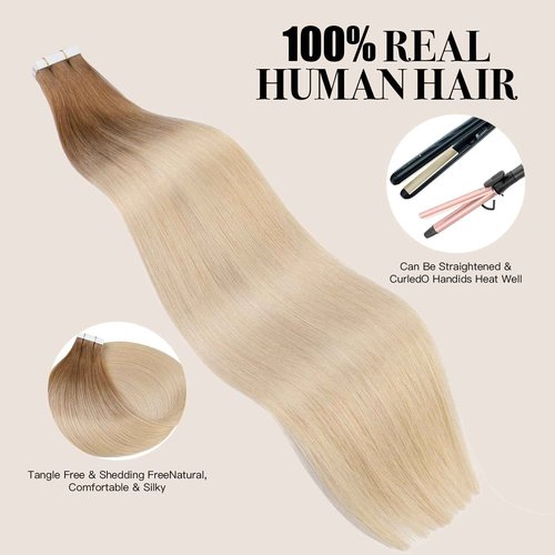 Tape in Hair Extensions ，Real Human Hair Extension,Bleach and Caramel Blonde Human Hair 24 inch 20pcs 50g,Thick Ends Straight Seamless, Invisible Tape in Hair Extensions Human Hair