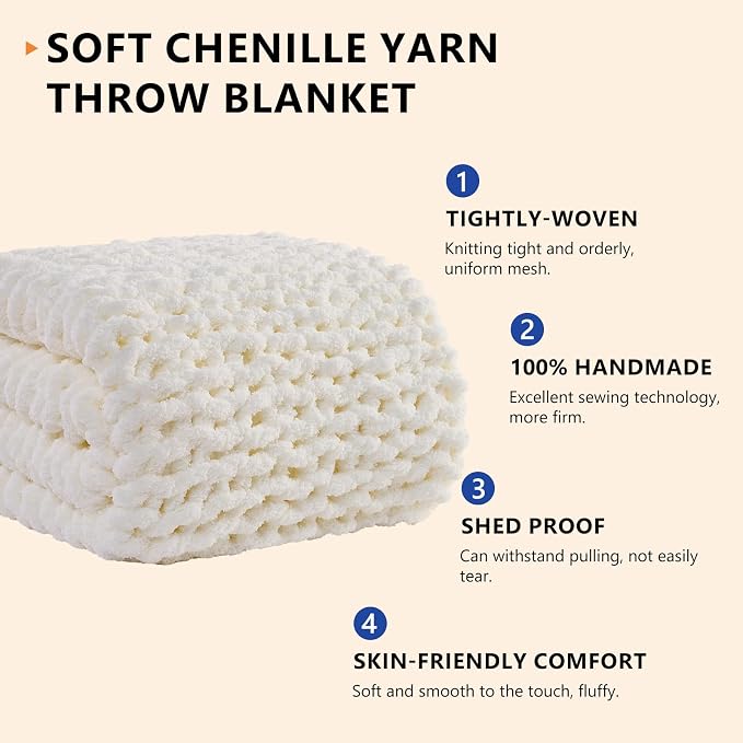 L'AGRATY Chunky Knit Blanket Throw: Soft Chenille Yarn Throw Blanket 60x80 - Handmade Thick Cable Crochet Blanket - Large Chunky Rope Throw Blanket for Couch Sofa Bed Home Decor(Cream White)
