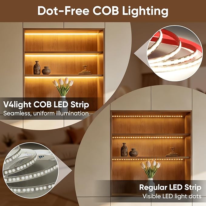 V4light COB LED Strip Light, Warm White (2700K), 12V Tape Light, CRI 95+, 3W/FT High Density, Dotless, Cuttable, UL Listed, Gold-Plated PCB for Bedroom, Kitchen, Cabinets (No Power Supply)