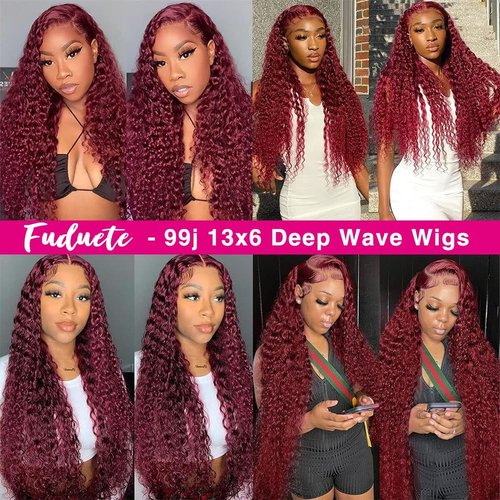 Fuduete 99J Burgundy Deep Wave 13x6 Lace Front Wigs Human Hair 200% Density Lace Frontal Wigs Human Hair Pre Plucked 99j Burgundy Deep Curly Wave HD Lace Front Wigs for Women (16Inch)