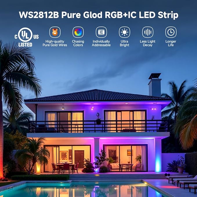 BTF-LIGHTING WS2812B IC RGB LED Strip,UL Listed,Pure Gold Wires,DC5V 16.4FT 300LED 5050SMD,Individually Addressable,Flexible for DIY Chasing Full Color Project,3M Tape,IP65(No Adapter or Controller)