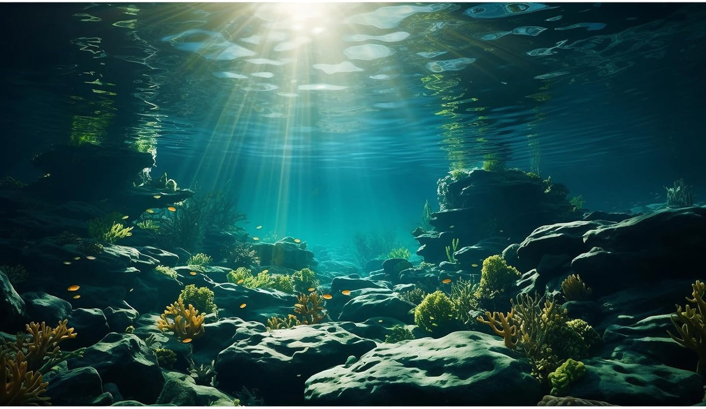 Aquarium Background Underwater Aquatic Plants Rocks Fish Terrarium Backdrop Sunlight Rays Coral Fish Tank Background Cave Style Landscape Sea Grass Tank Wallpaper Poster Vinyl 72x16in