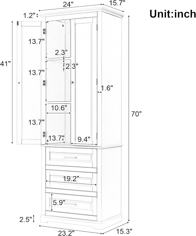 Polibi Tall Storage Cabinet with 3 Drawers, 3-Tier Adjustable Shelves & 2 Doors, Floor Freestanding Linen Cabinet for Bathroom, Living Room (Black)