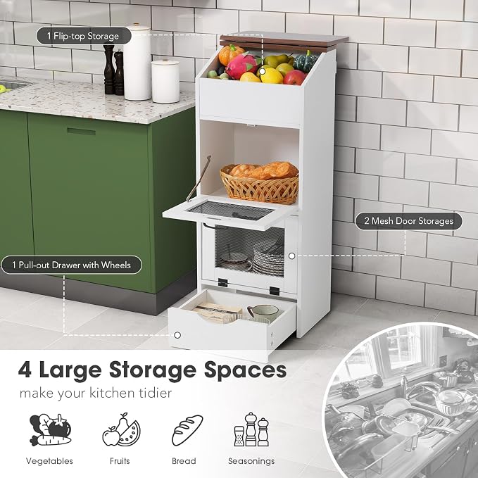 Patiorama Wood Potato and Onion Storage Bin Box with Lid, 4-Tier Farmhouse Wooden Bread Box Cabinet with 2 Mesh Doors & Rolling Drawer, Large Vegetable Storage Bin Organizer for Kitchen Pantry White