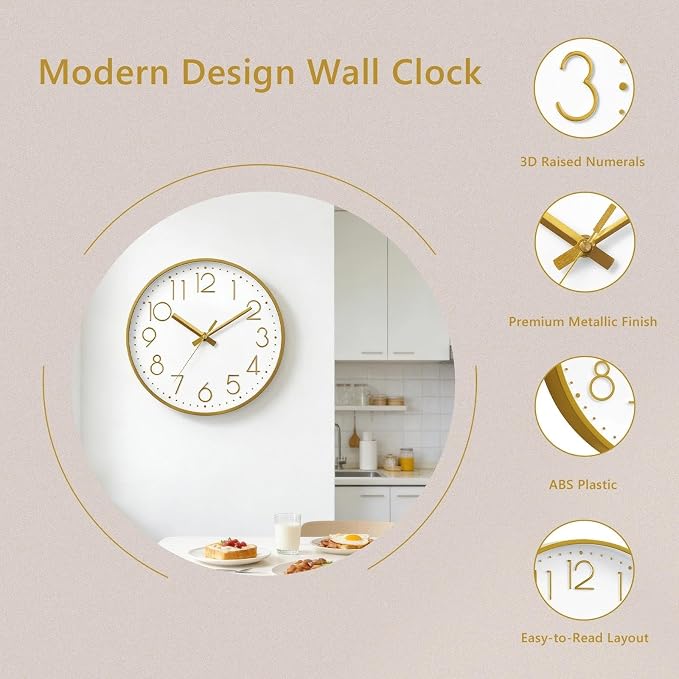 DAXSMY Wall Clock - 10 Inch Silent Non-Ticking Modern 3D Wall Clocks Battery Operated - Decorative Clock for Kitchen, Home Office, Bathroom, Bedroom(Gold)