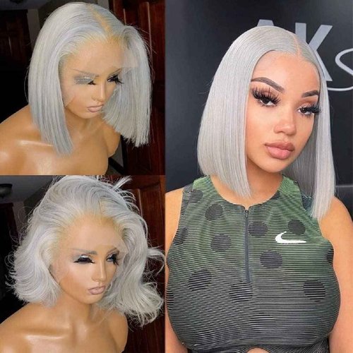 Silver Grey 13x4 Lace Front Bob Wig Brazilian Virgin Human Hair Wig Pre Plucked Hairline with Baby Hair UHD Transparent Lace Natural Looking Bleach Knots Glueless Wigs for Women 180% Density 10 Inch