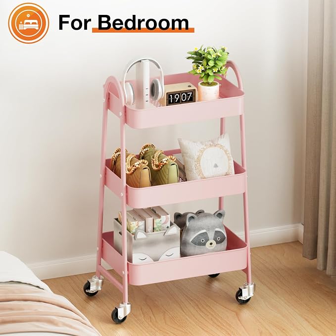 NEWBULIG 3-Tier Metal Rolling Storage Cart, Heavy Duty Mobile Utility Organizer Shelf with Lockable Wheels, Multifunctional Trolley for Daily Supplies, Home Indoor Daily Use, Pink