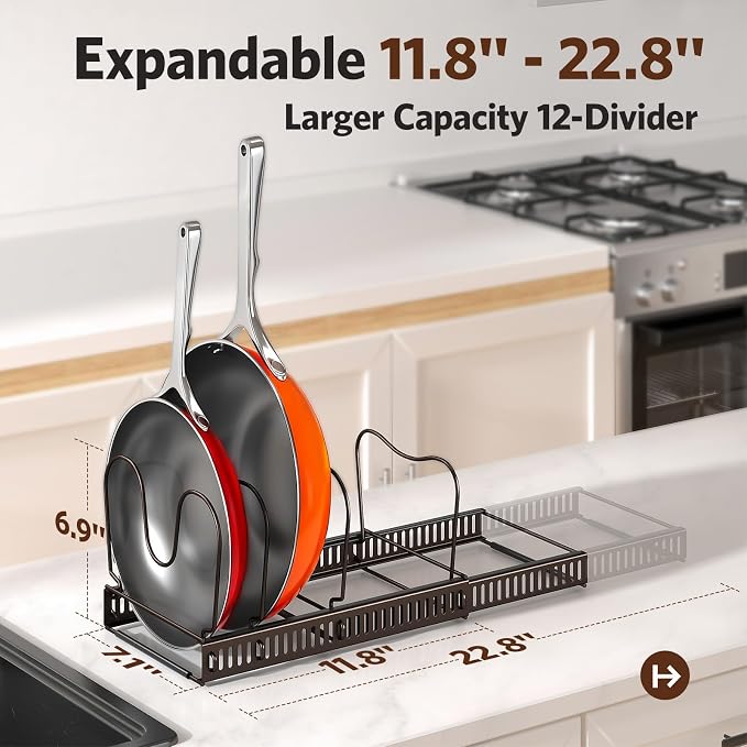 ORDORA Pots and Pans Organizer under Cabinet with Pan Holder: Expandable 11.8"-22.8" Kitchen Cabinet Organizer Rack, 12 Adjustable Dividers Storage for Cookie Sheets, Cutting Boards & Lid, Bronze