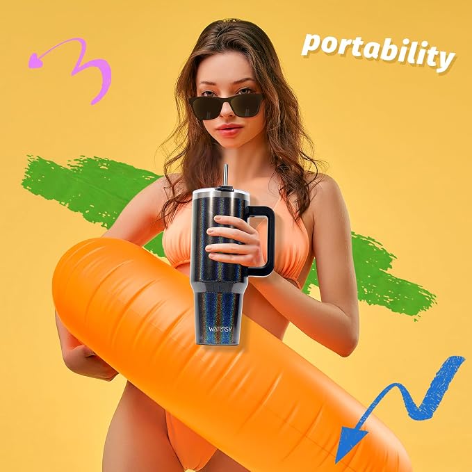 40 oz Shiny Tumbler with Handle and Straw,Stainless Steel Tumbler with Lid and Straw,Insulated Travel Mug(Cold for 34 Hours),Water Bottle for Iced Tea,Coffee (Black)
