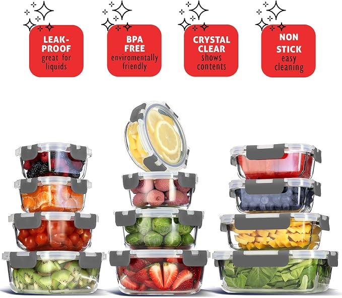 Nestl 24pc Glass Storage Containers with Lids, 12 Glass Food Storage Containers with 12 Airtight Lids for Pantry & Kitchen, Meal Prep Containers for Lunch, Oven Microwave & Dishwasher Safe, Gray