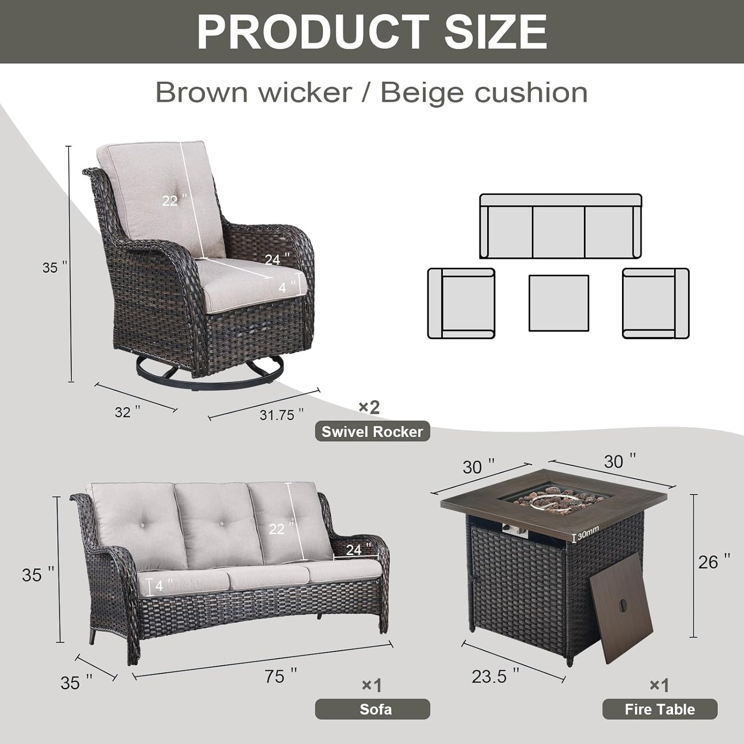 Outdoor Patio Furniture Set with 50000BTU Propane Fire Pit Table, 4 Pieces Wicker Patio Conversation Set with 2 Swivel Rocker Glider Chairs Rattan Sofa Blue Cushion Perfect for Casual Gathering