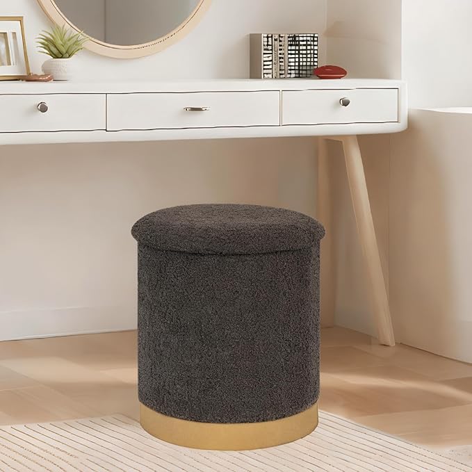 B FSOBEIIALEO Ottoman with Stroage, Round Boucle Storage Ottoman with Gold Plating Base,Foot Rest Stool for Dorm Room, Living Room Dark Grey, 16.73"x16.73"x17.72"