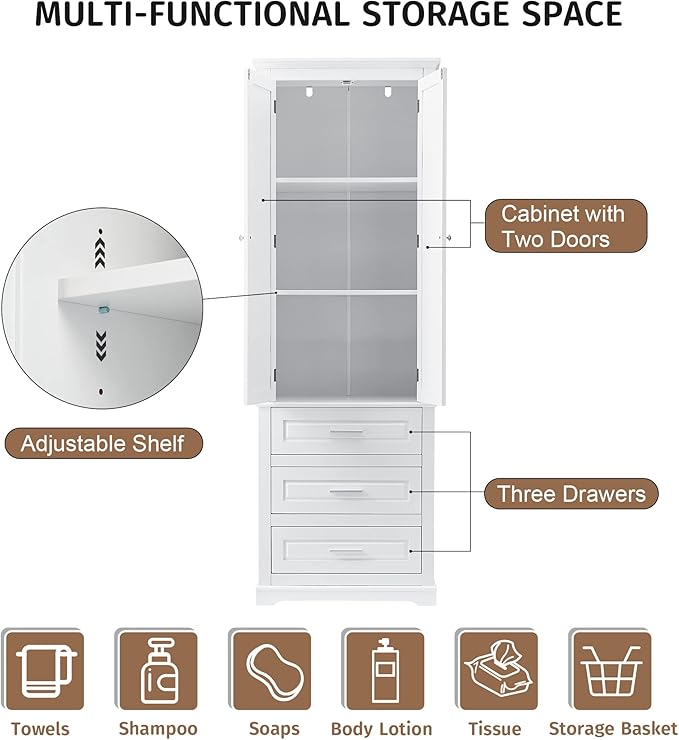 Storage Cabinet, Tall Bathroom Cabinet with Adjustable Shelf | Tall storage cabinet, upper enclosed cabinet and 3 pull-out compartments keep daily essentials organized