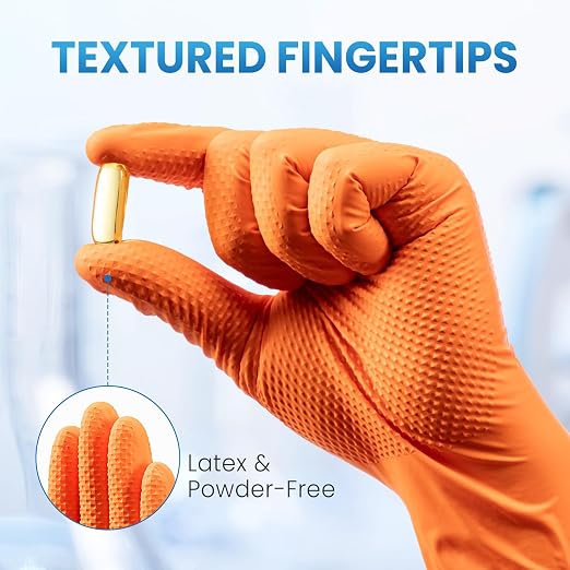Borje Orange 8 Mil Nitrile Disposable Gloves, Heavy-Duty Mechanic Gloves, 100 Count, Large, Latex & Powder Free with Raised Diamond Texture, Industrial, Automotive, Gardening