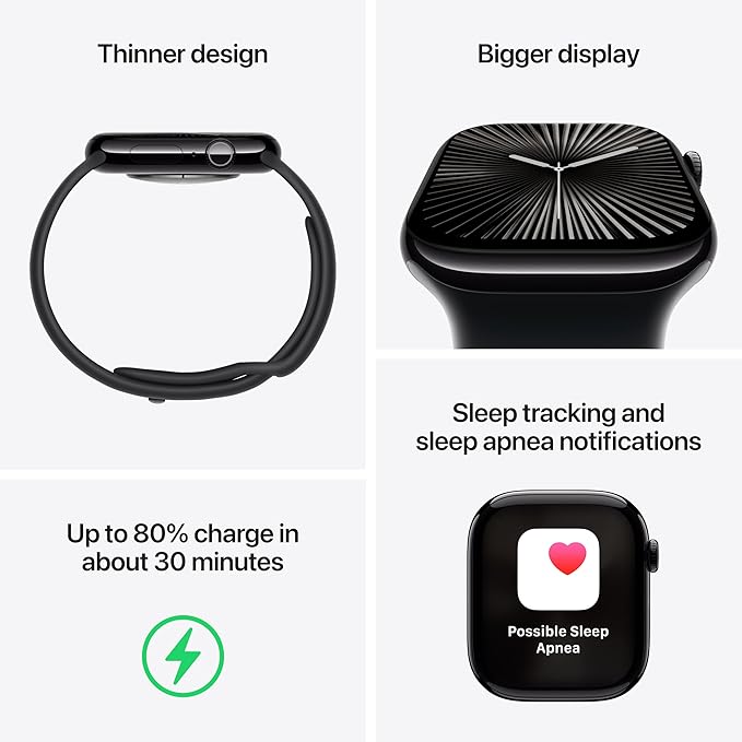 Apple Watch Series 10 [GPS 46mm case] Smartwatch with Jet Black Aluminum Case with Ink Sport Loop. Fitness Tracker, ECG App, Always-On Retina Display, Carbon Neutral