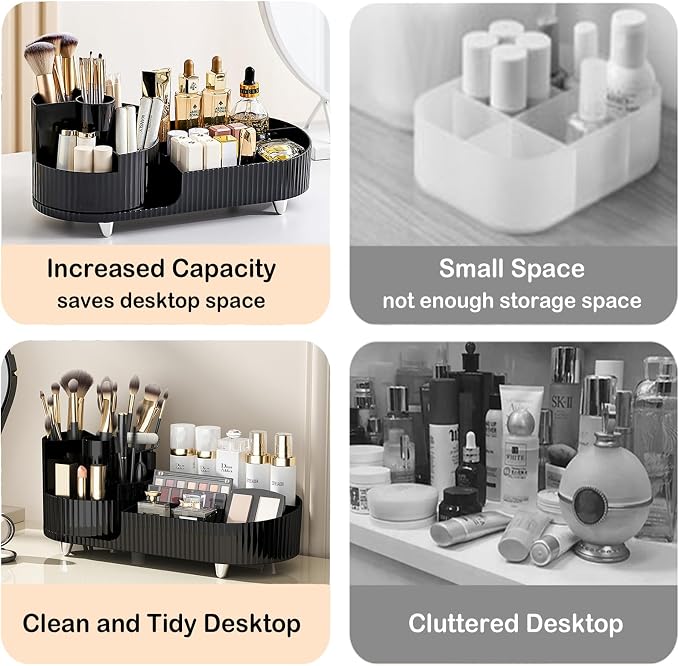 Rotating Makeup Organizer for Vanity with Brush Holder, Cosmetic Makeup Storage Organizer, Large Spinning Makeup Skincare Organizer, Countertop Makeup Perfume Organizer, Lotions Display Case (Black)