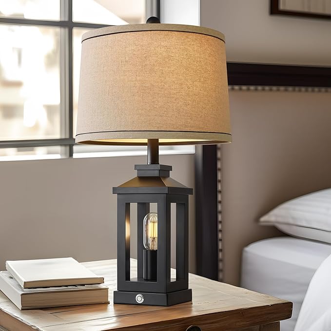 G-SAFAVA 23.75" Retro Farmhouse Black Table Lamp for Living Room Bedroom Nightstand Set of 2 Touch Control Bedside Nightlight Vintage Modern Lamp with USB C+A Ports and 2 Light Sources