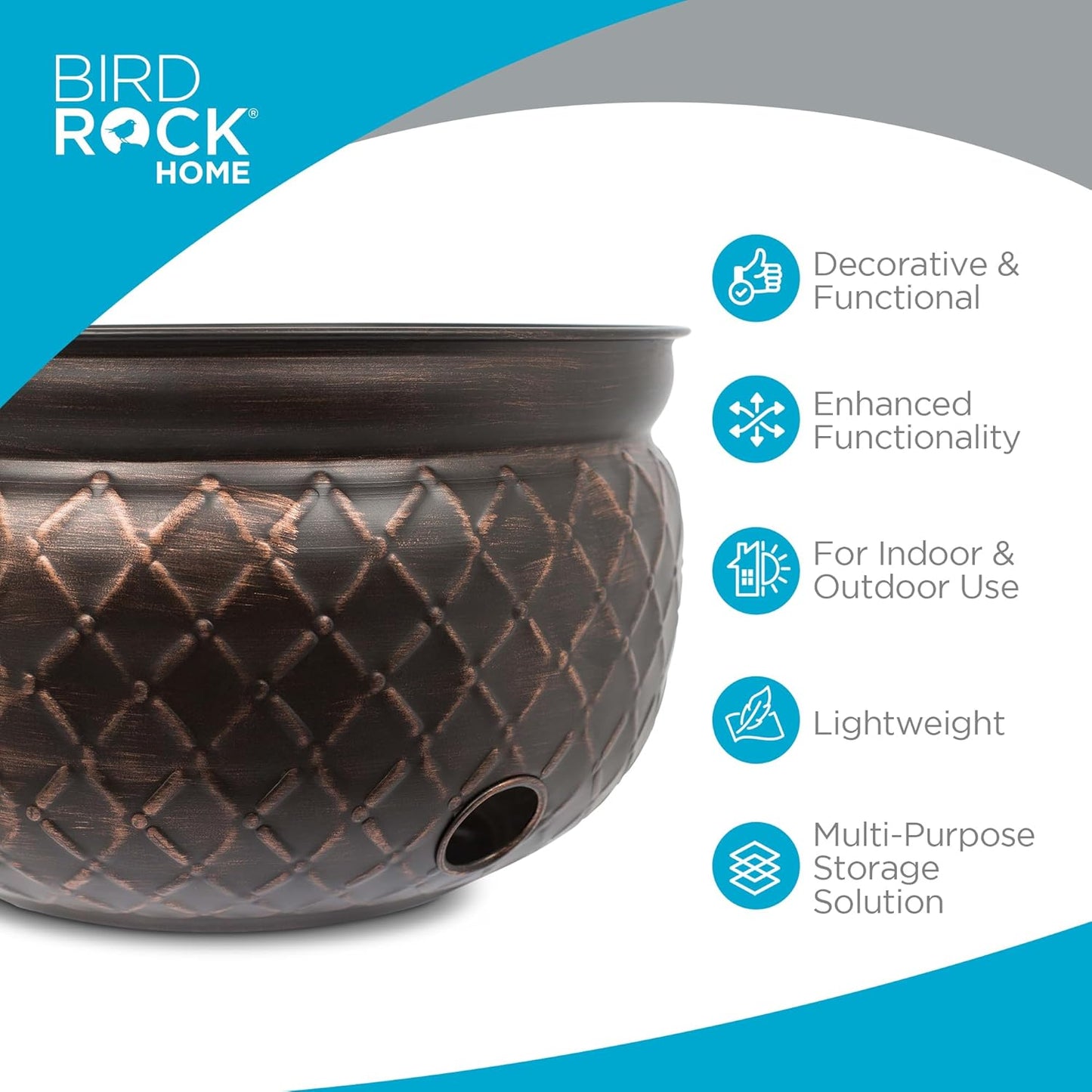 BIRDROCK HOME Water Hose Holder - Decorative Metal Pot, Indoor or Outdoor, Garden Storage Organizer, Patio Portable Bucket - Embossed Steel w/ Copper Accents, Holds up to 100ft Hoses, Medium No Lid